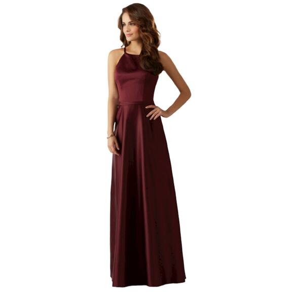 Mori Lee Satin Bridesmaids Dress With Matching Satin Waistband in Bordeaux - Picture 1 of 16